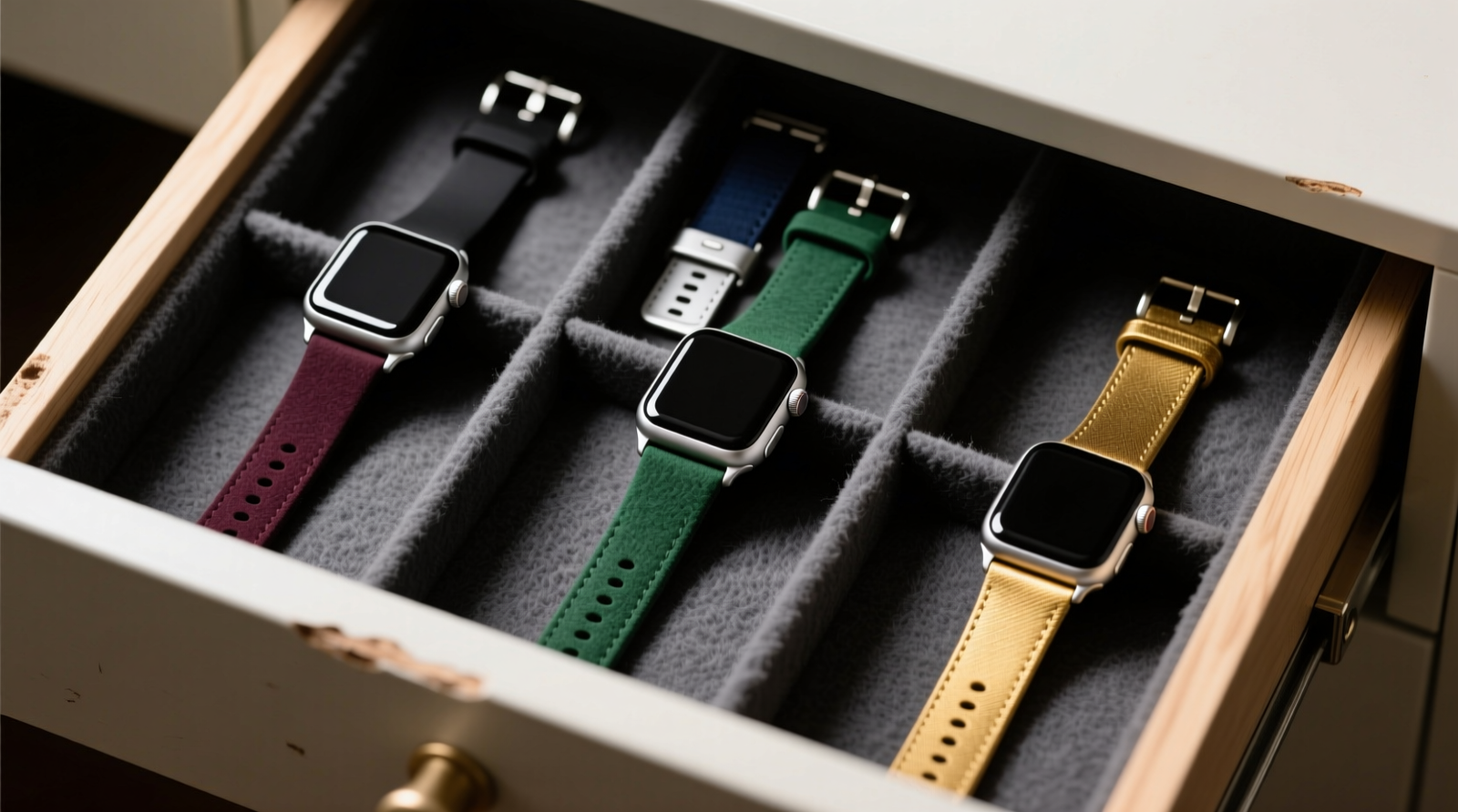 Top-down view of a shallow drawer with six felt-lined compartments; each holds one smartwatch band lying flat, metallic clasp centered and facing upward, no overlapping or stacking