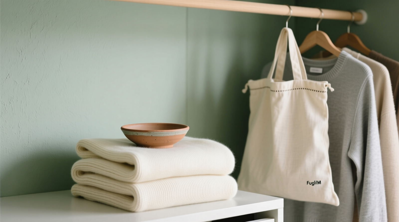 A minimalist closet interior showing a small unglazed clay disc placed atop a folded cashmere sweater stack, with breathable cotton garment bags visible on adjacent hangers—no visible sprays, gels, or plug-in units.