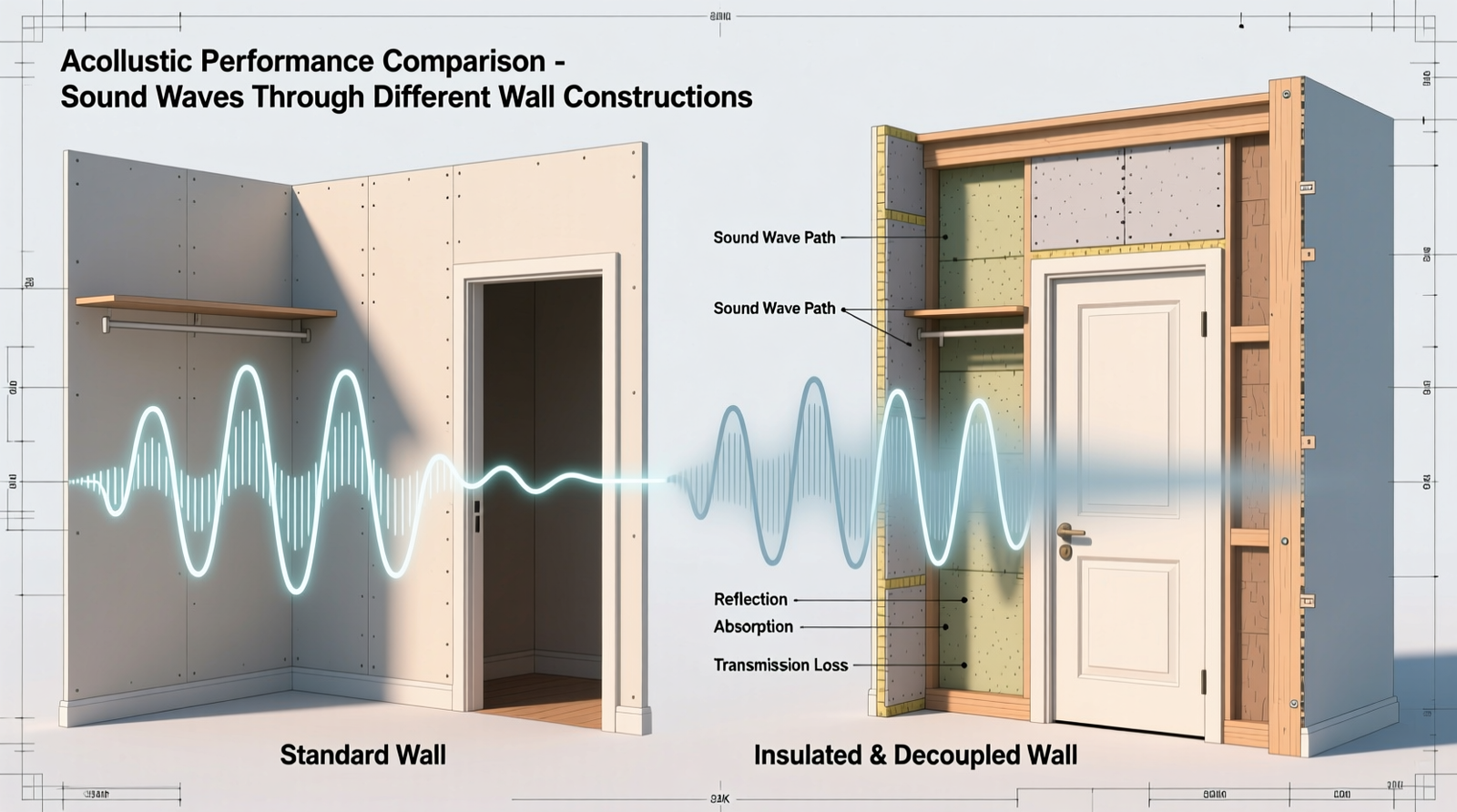 Side-by-side diagram showing sound waves passing unimpeded through a standard closet wall versus being blocked by sealed, insulated, and decoupled construction with a solid-core door