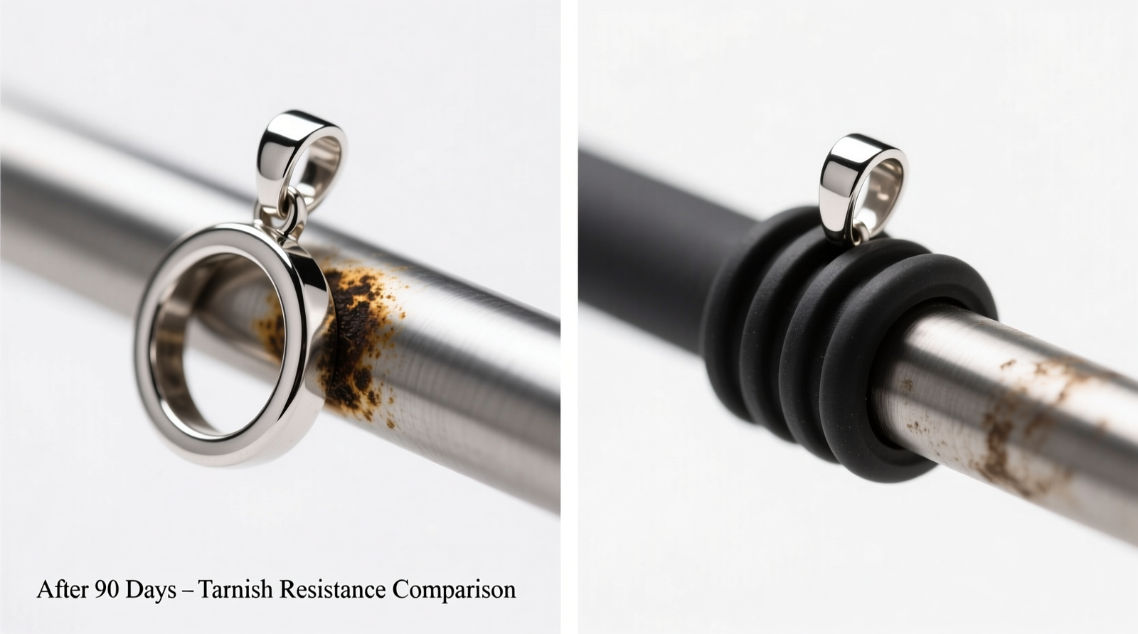 Side-by-side comparison: left shows sterling silver pendant mounted on uncoated magnetic rail with visible tarnish halo; right shows identical pendant on rubber-sheathed rail with no discoloration after 90 days