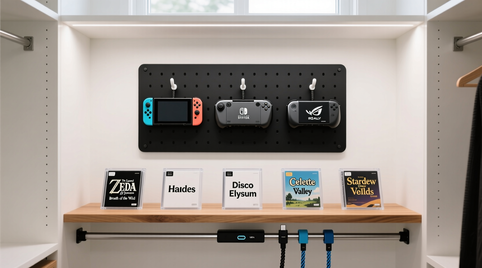 A minimalist white closet interior featuring a matte-black 18x24 inch pegboard mounted on the back wall, with a Nintendo Switch, Steam Deck, and ROG Ally each suspended on silicone-coated hooks; labeled acrylic game cases sit horizontally on a floating oak shelf below; a slim magnetic USB-C strip runs along the bottom edge with three cables neatly attached.