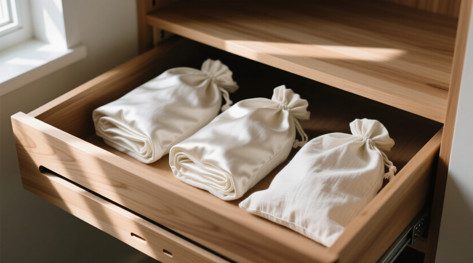 A shallow cedar-lined closet shelf holding three upright, unbleached cotton garment bags—each containing a rolled silk pillowcase visible through semi-sheer fabric, with a small hygrometer reading 47% RH beside them