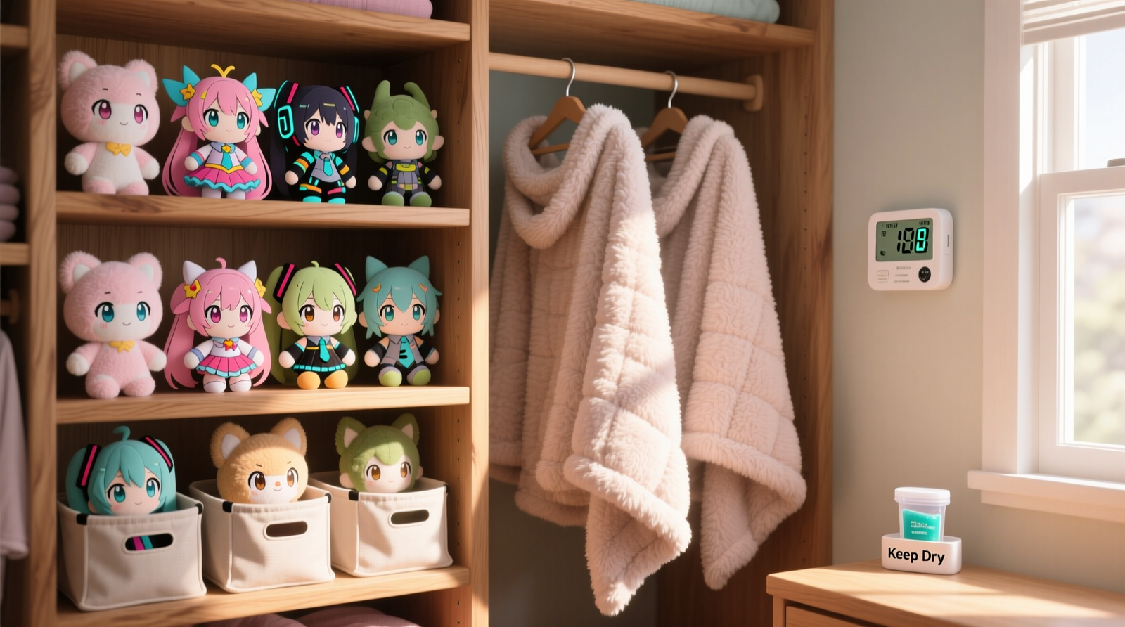 A well-organized closet showing upright anime plushies in open fabric bins on staggered wooden shelves, with two weighted blankets hanging on wide padded hangers beside a small wall-mounted hygrometer and discreet silica gel container