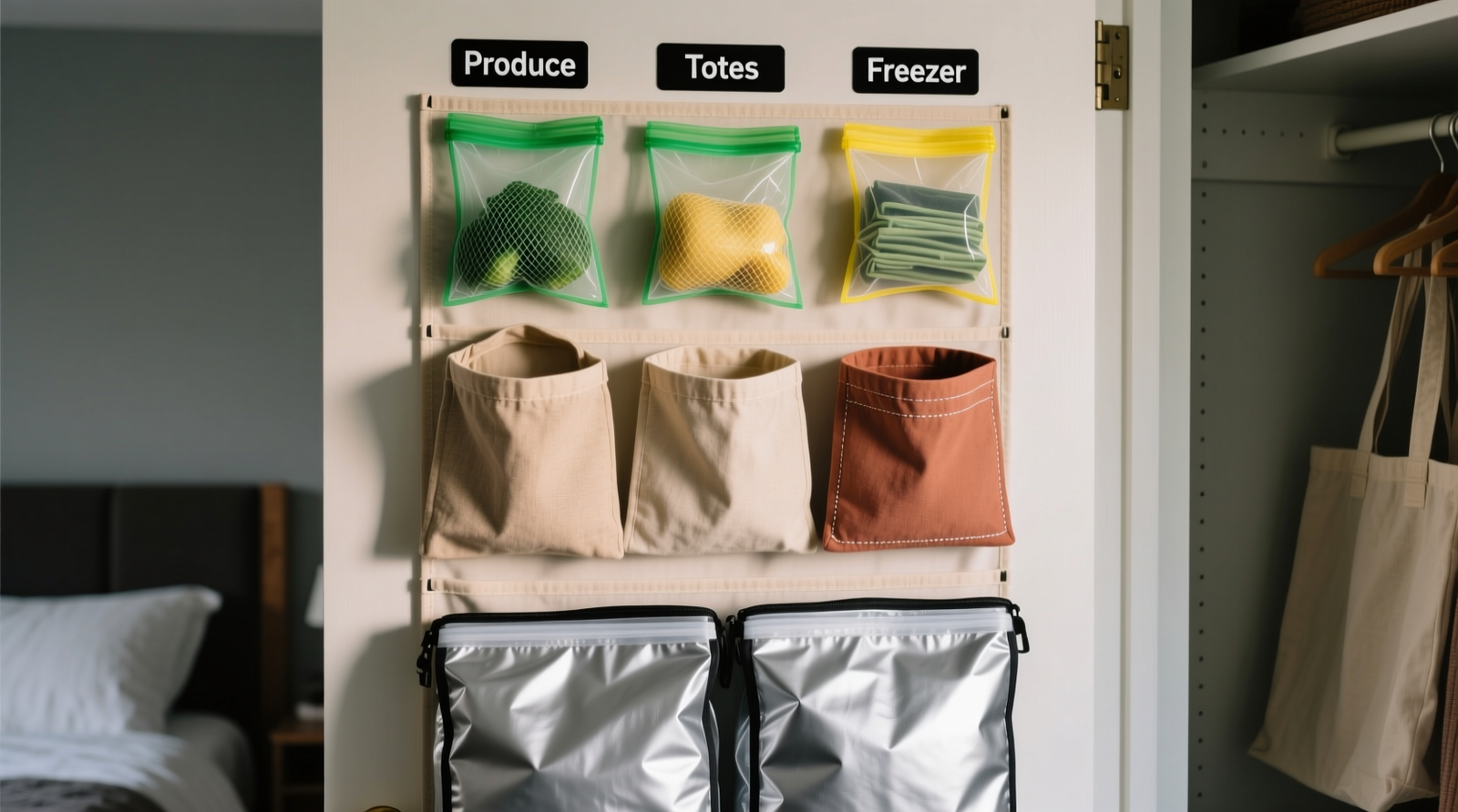 Close-up of a white interior closet door with three evenly spaced, navy-blue fabric pockets; each holds five folded reusable bags standing upright like file folders, labeled 'Grocery', 'Produce', 'Bulk'
