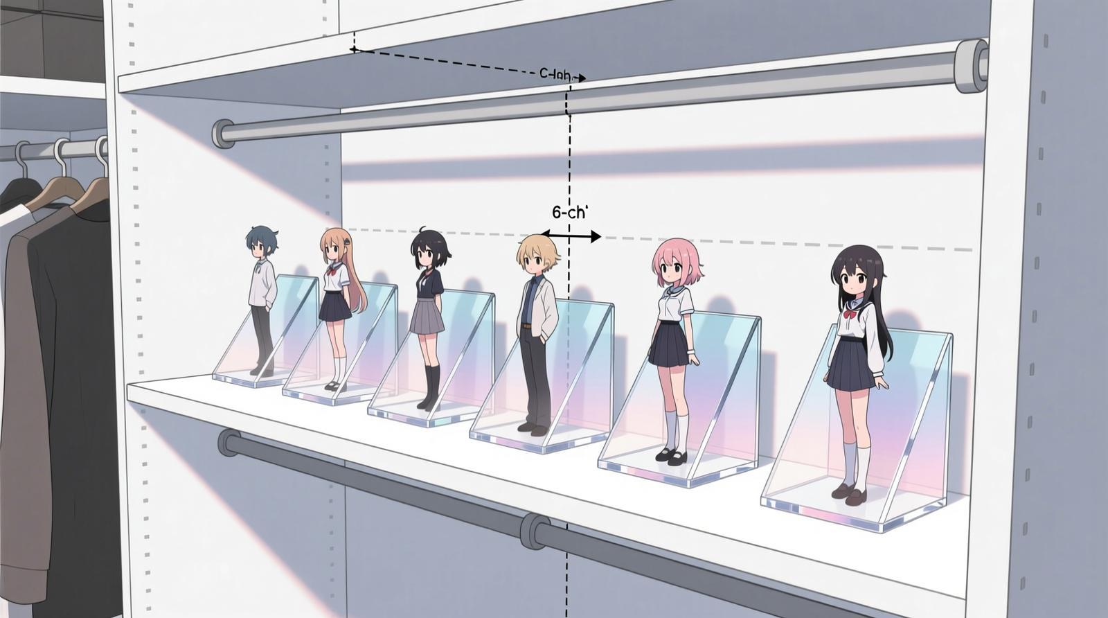 Side-view diagram showing a closet shelf with anime figures arranged on angled acrylic risers; the closet rod above remains fully accessible with clear 6-inch vertical buffer zone, and no figure extends beyond the shelf's front edge.