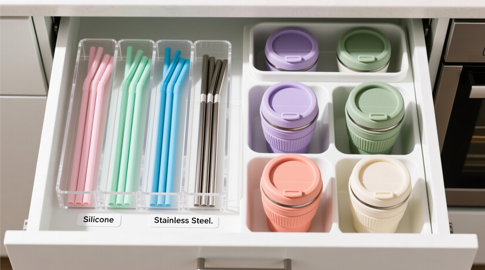 Overhead photo of a pantry drawer with clear acrylic vertical dividers: left side holds six neatly aligned silicone and stainless steel straws standing upright in labeled slots; right side contains four fully collapsed collapsible cups nested base-down, each in its own compartment, with matching lid tray above