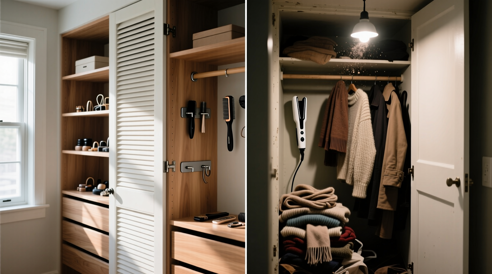 Side-by-side comparison: left shows a ventilated closet with louvered doors, open shelving, and wall-mounted hair tool brackets; right shows a cluttered, solid-door closet with hot straightener tucked under scarves and near wool sweaters
