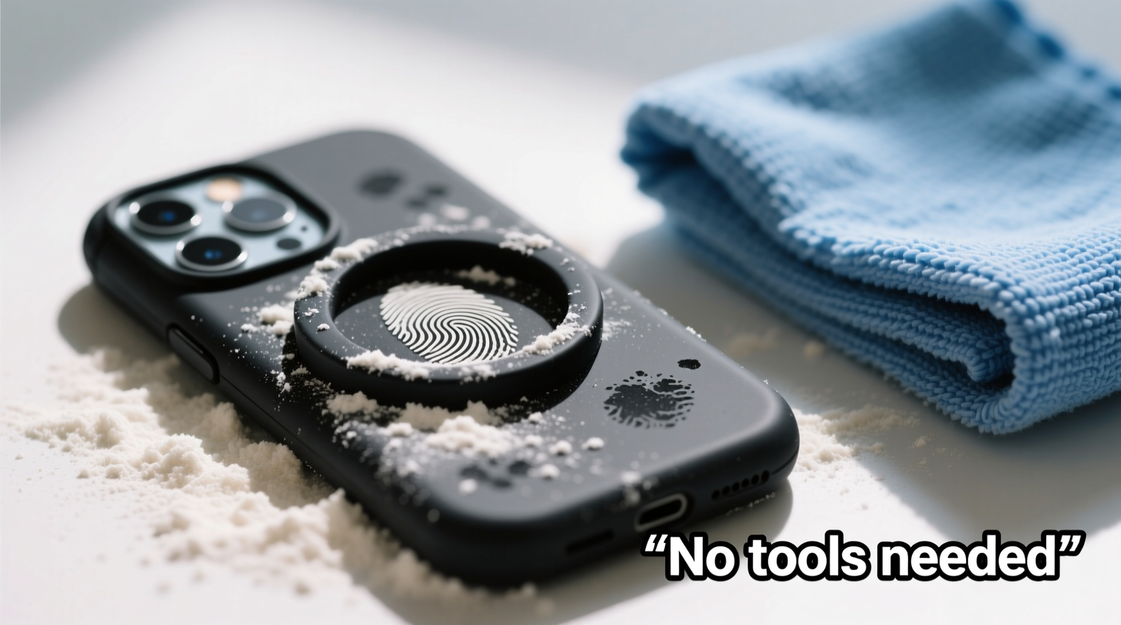 Close-up of fingers applying off-white rice flour paste to a matte black silicone phone grip, with visible texture contrast before and after application