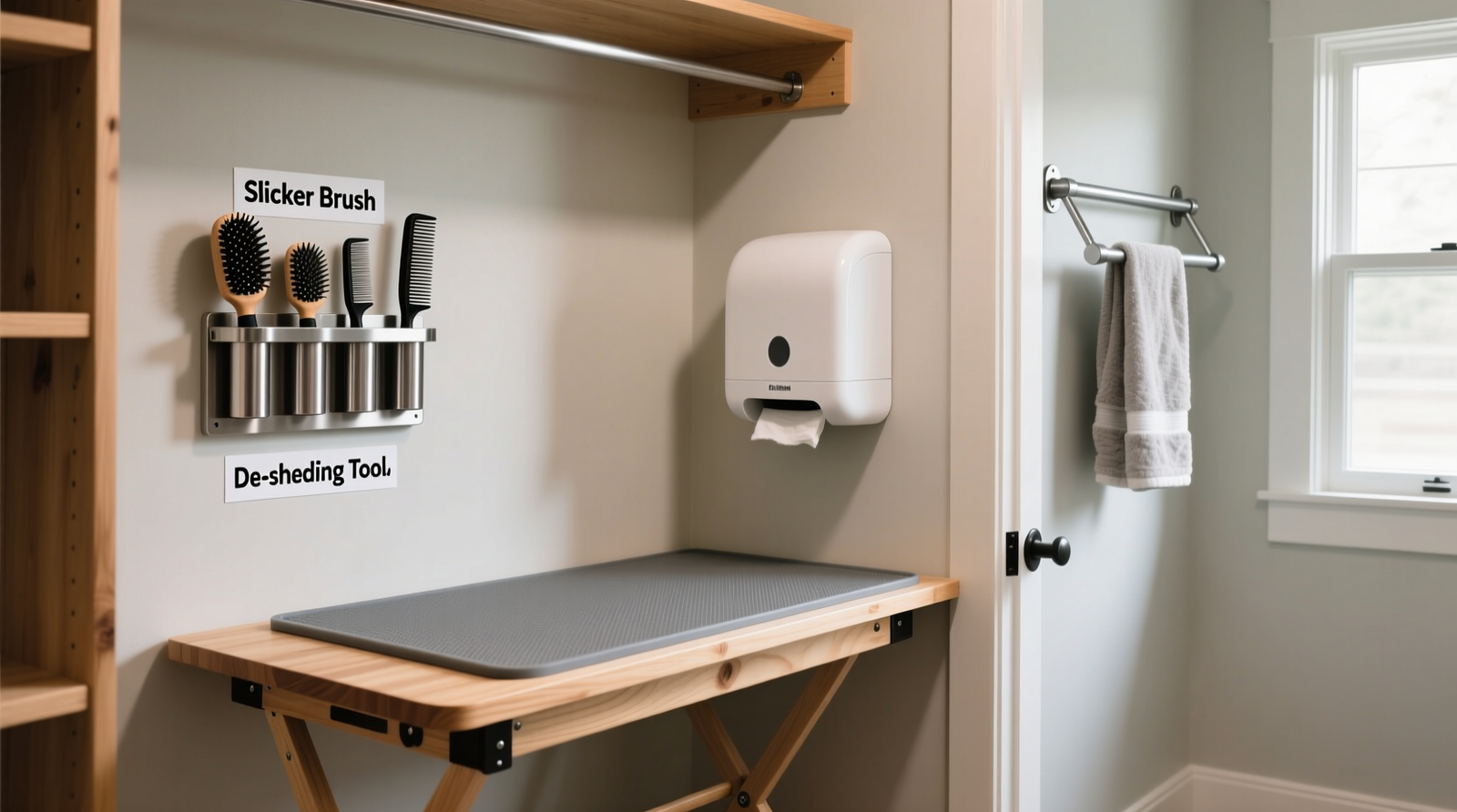 A narrow 24-inch-wide closet converted into a pet grooming station: fold-down maple table with gray non-slip padding, stainless steel vertical brush caddy holding four labeled brushes, recessed white wipe dispenser at 36-inch height, and collapsible towel rack mounted beside the door frame.