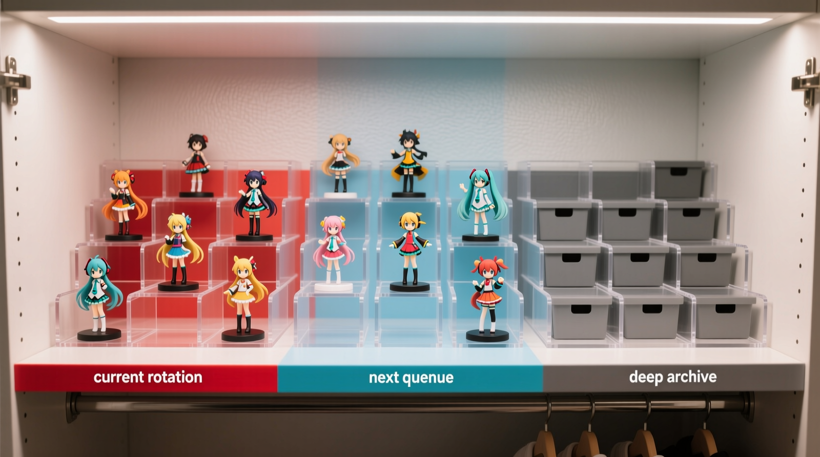 Top-down view of a closet shelf with labeled acrylic risers arranged in staggered rows, each holding one anime figure; color-coded vinyl tape marks shelf zones for 'current rotation,' 'next queue,' and 'deep archive'