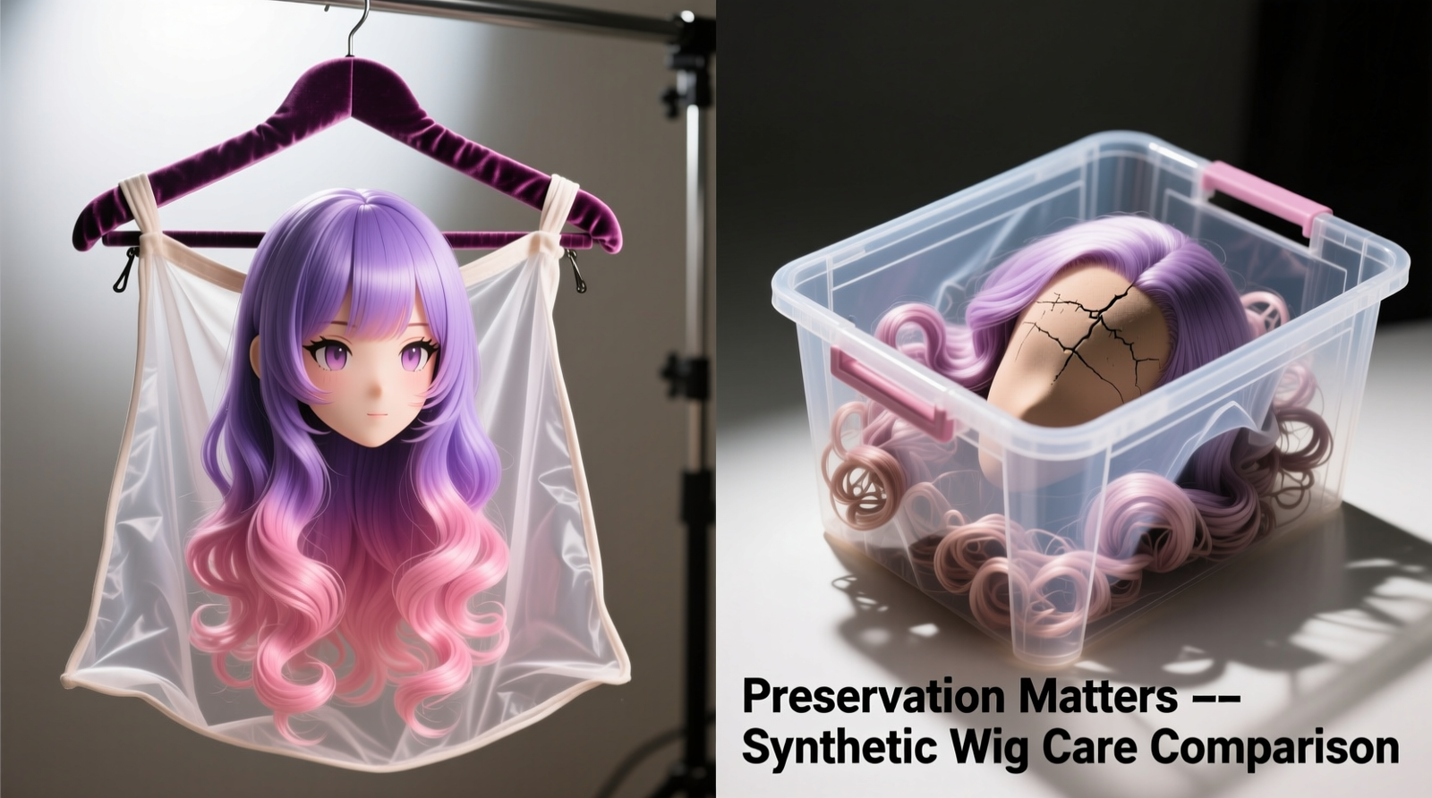 Side-by-side comparison: left shows a synthetic anime wig perfectly suspended on a padded, wide-bar hanger inside a breathable cotton garment bag; right shows the same wig crushed in a plastic bin with visible creases and flattened curls