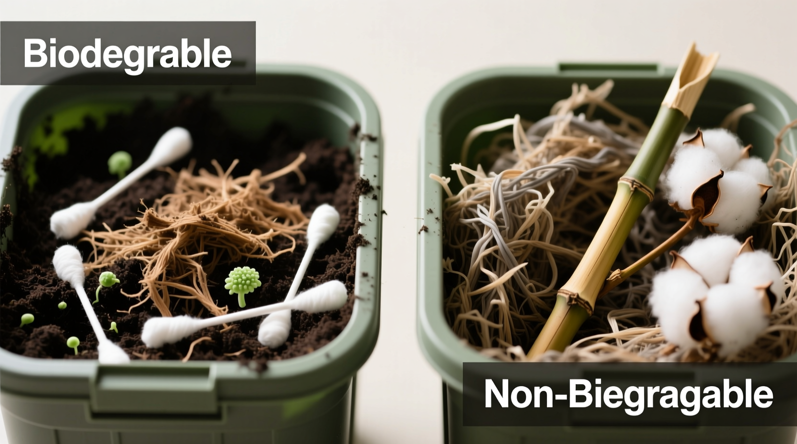 Side-by-side photo of two home compost bins after 10 weeks: left bin shows fully fragmented organic cotton swabs with no residue; right bin shows intact bamboo swab stems and matted synthetic cotton fibers