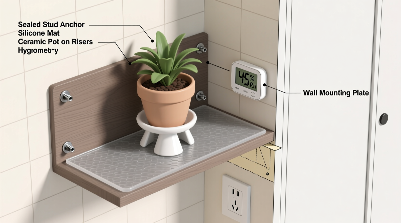 Cross-section diagram showing wall-mounted plant shelf with silicone mat, ceramic pot on risers, sealed stud anchors, and hygrometer mounted beside closet door frame