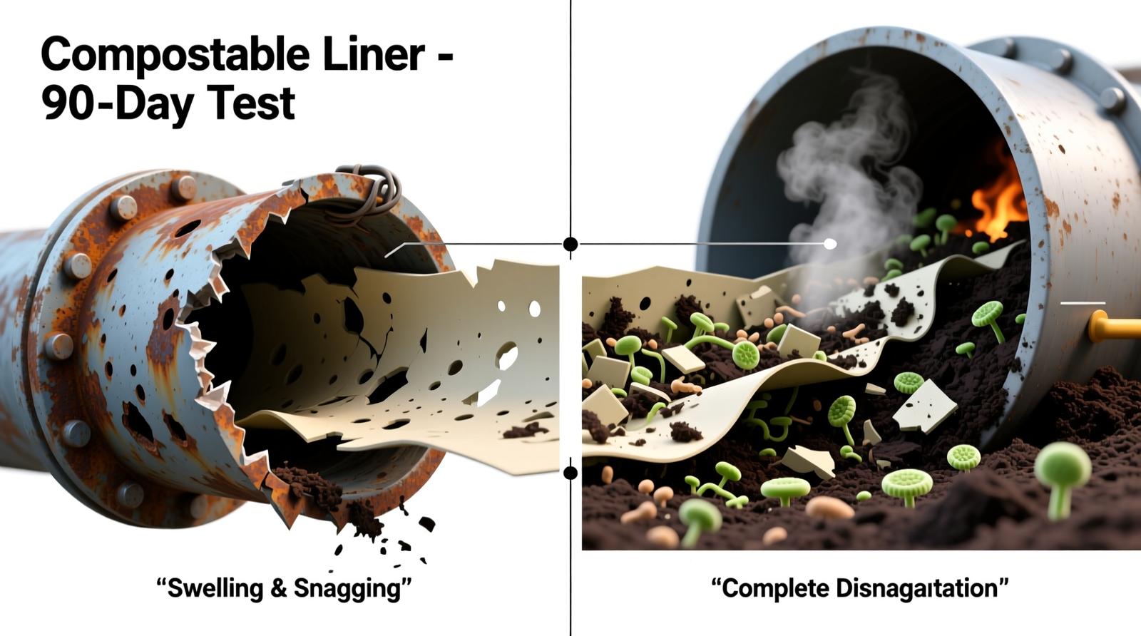 Side-by-side cross-section diagram showing a compostable liner swelling and snagging inside a corroded cast-iron pipe versus fully disintegrating in an industrial compost tumbler