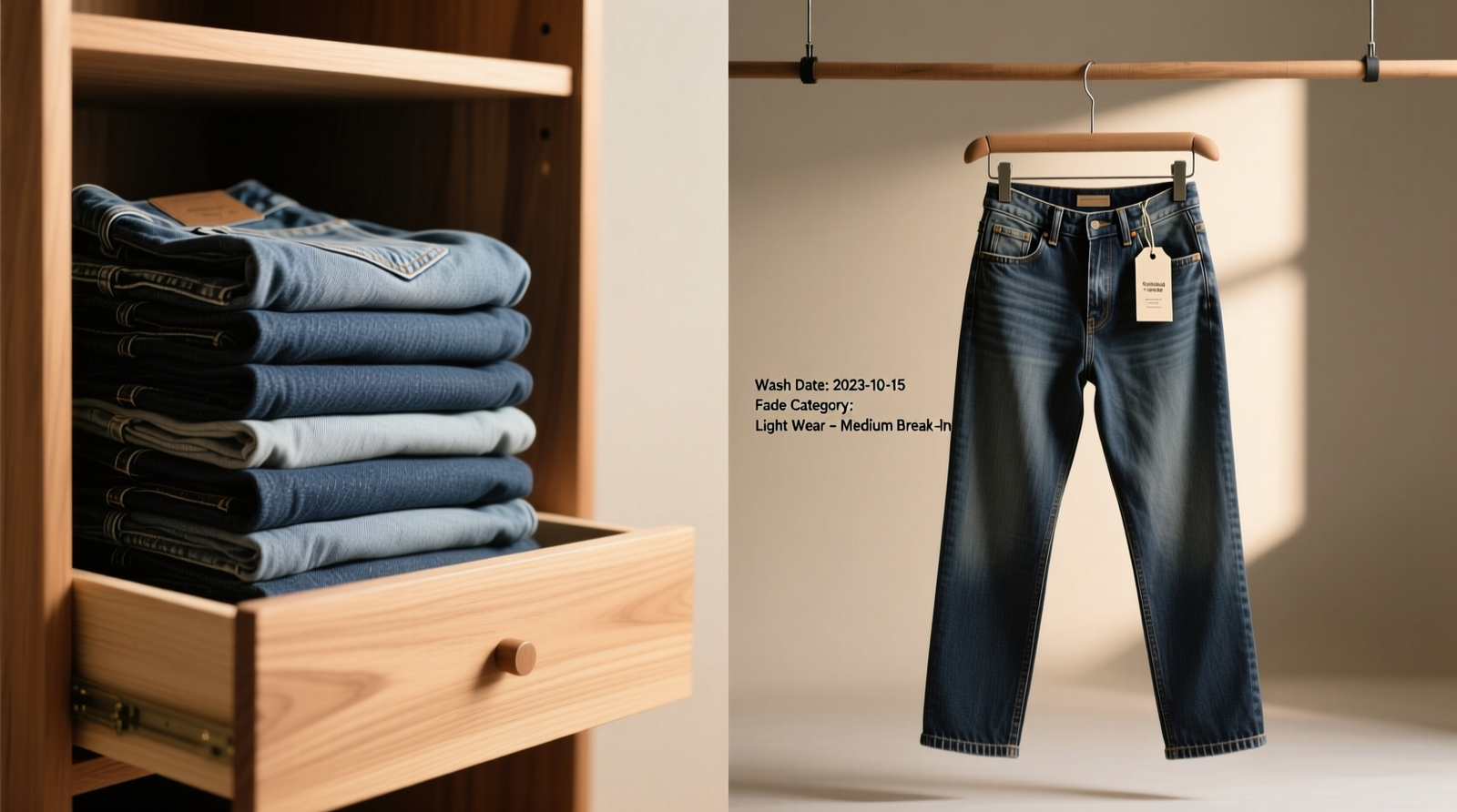 Side-by-side comparison: left shows three neatly folded denim stacks on a wooden shelf, each labeled with minimalist fabric tags; right shows five jeans hanging on padded hangers with visible waistband sag and distorted belt loops