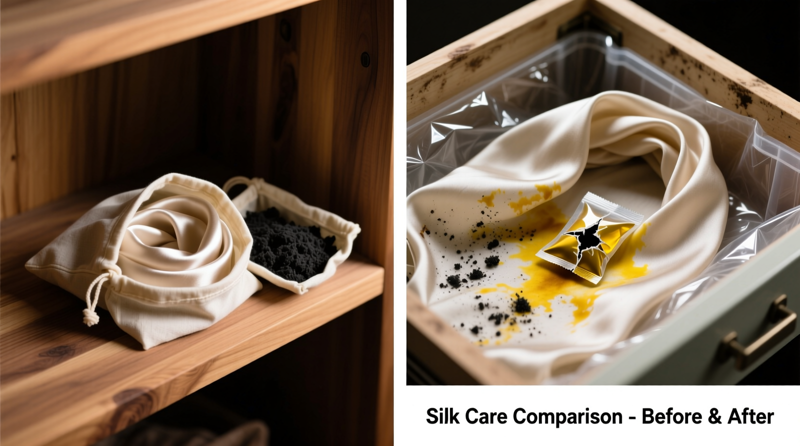 Side-by-side comparison: left shows silk scarf folded in breathable cotton bag beside activated charcoal pouch on cedar shelf; right shows damaged silk with yellow halo stain near essential oil sachet in plastic-lined drawer