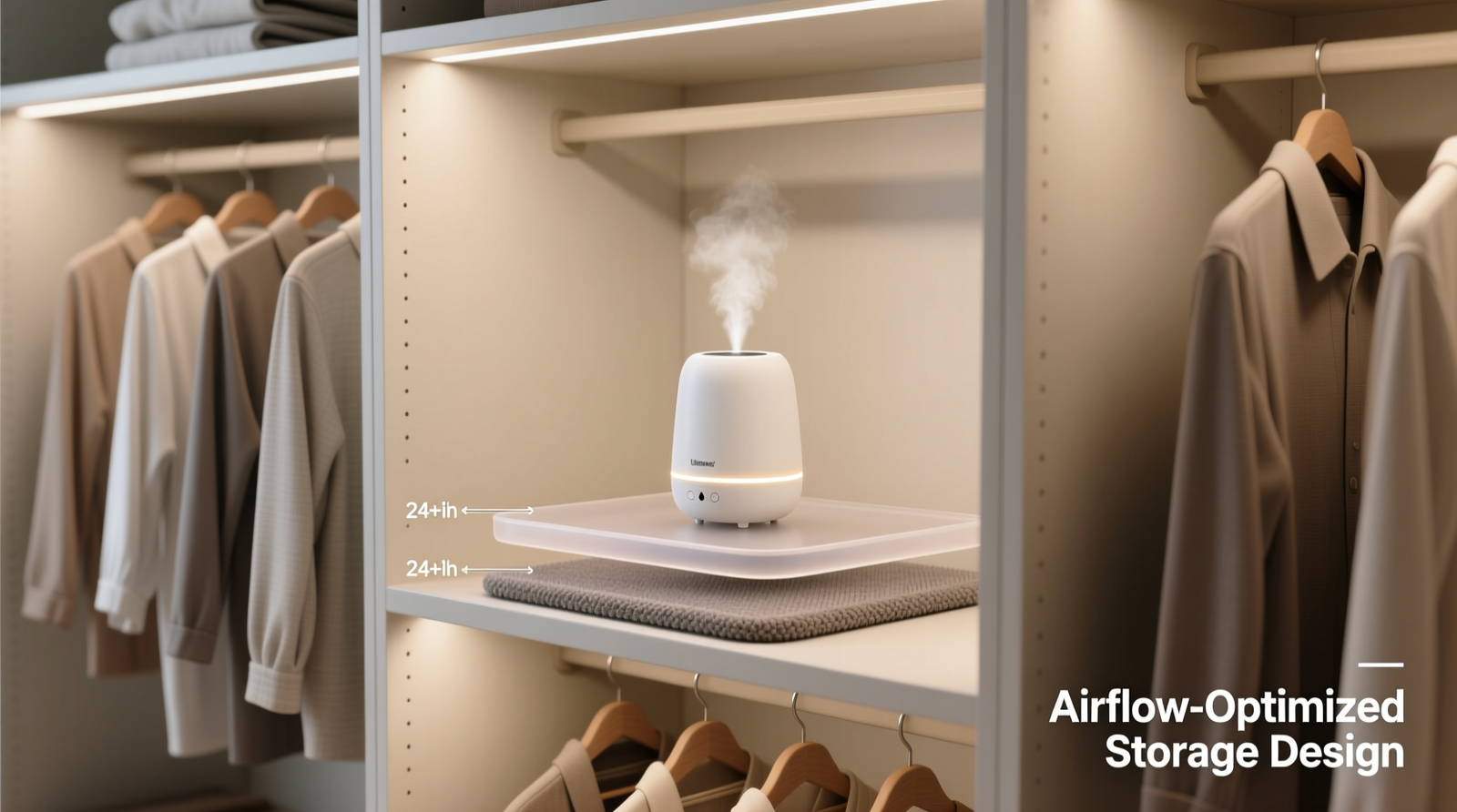 A minimalist walk-in closet with a compact ultrasonic diffuser mounted on a floating oak shelf 36 inches above a row of linen-blend shirts; visible airflow gap under the door and no mist contact with garments