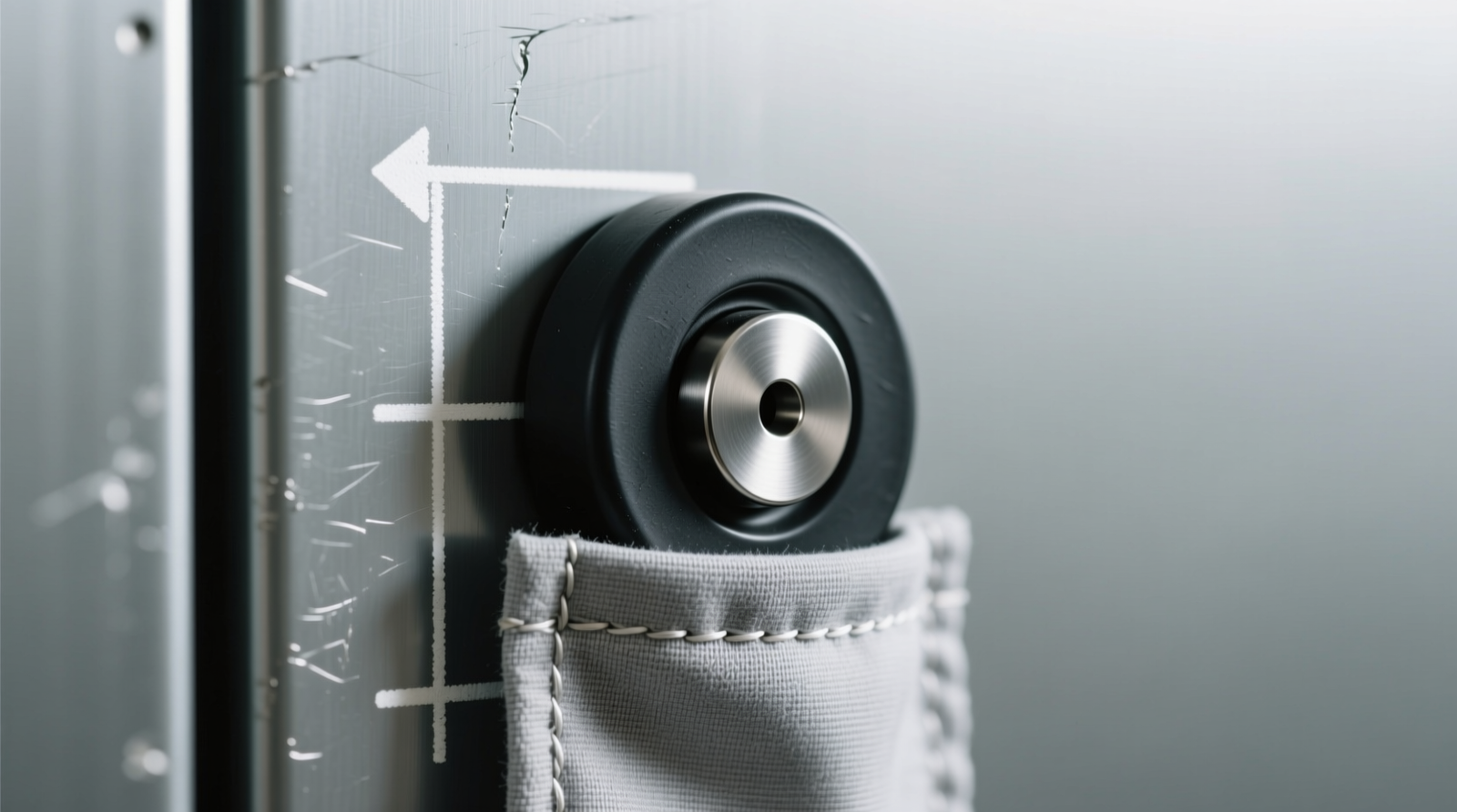 Close-up of a rubber-coated neodymium magnet securely holding a lightweight fabric organizer on a smooth, matte-finish metal closet door, with visible alignment marks and no visible scratches