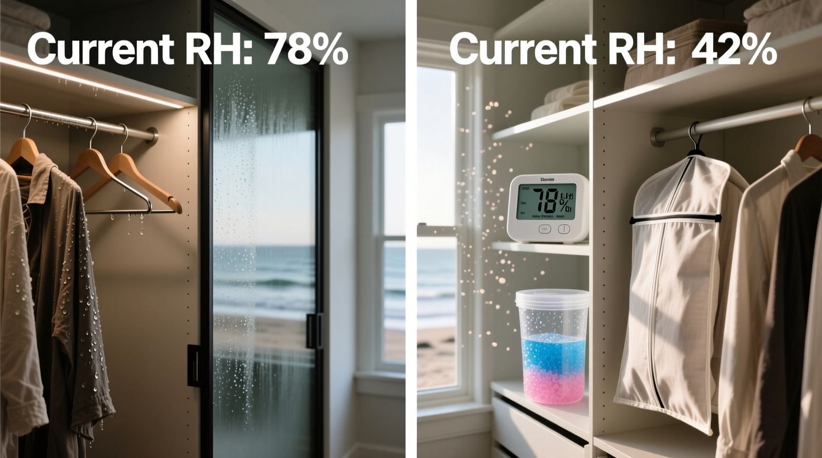 Side-by-side comparison of a coastal closet with visible condensation on hangers versus one with calibrated hygrometer, silica gel canister, and breathable cotton garment bags—both labeled with current RH readings