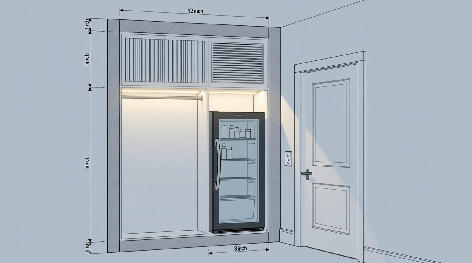 Cross-section diagram showing a closet layout with skincare fridge placed against rear wall, 3-inch side clearances marked, louvered vent panel installed 12 inches above unit, LED strip lighting mounted on underside of top shelf, and grounded outlet located outside closet door frame