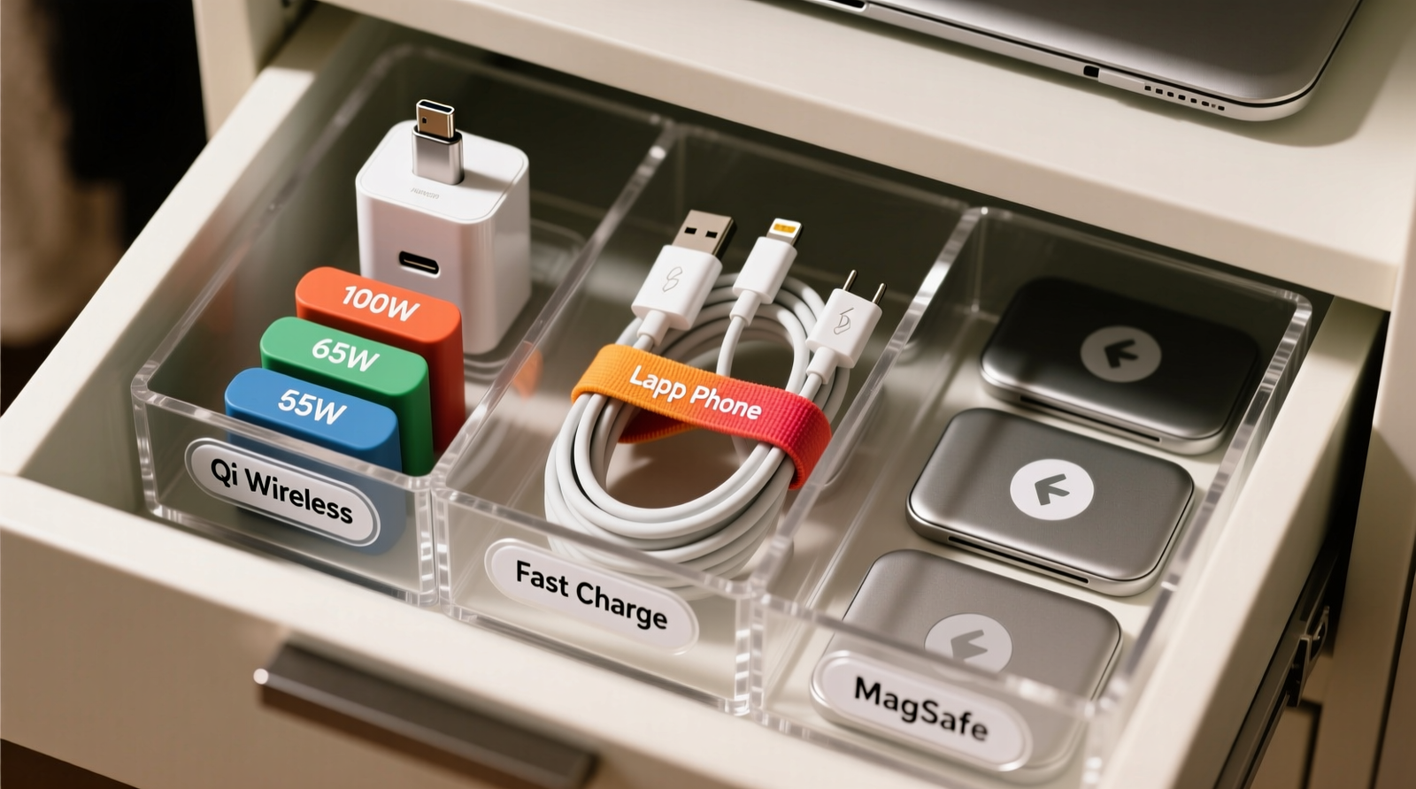 Top-down view of a shallow closet drawer with labeled acrylic compartments: one holding upright USB-C wall adapters, another with coiled cables secured by Velcro straps, and a third with magnetic charging pads arranged in parallel rows—all with clear silicone-edged labeling