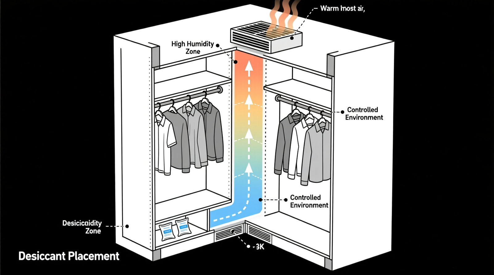 Cross-section diagram showing airflow path in a well-organized closet: cool air entering low vent, rising past hanging garments, exiting through upper vent, with labeled humidity zones and desiccant placement on bottom shelf