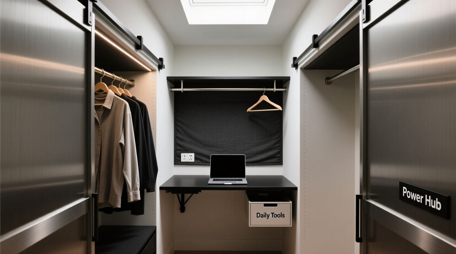 A narrow reach-in closet with a matte-black fold-down desk mounted at 29 inches, flanked by floor-to-ceiling sliding barn doors; cable raceways run discreetly along the top rail, disappearing into a recessed power hub behind a magnetic fabric panel; clothing hangs on brushed-nickel hangers left of center, while right side holds a single laptop on the desk and a shallow bin labeled 'Daily Tools' beneath it