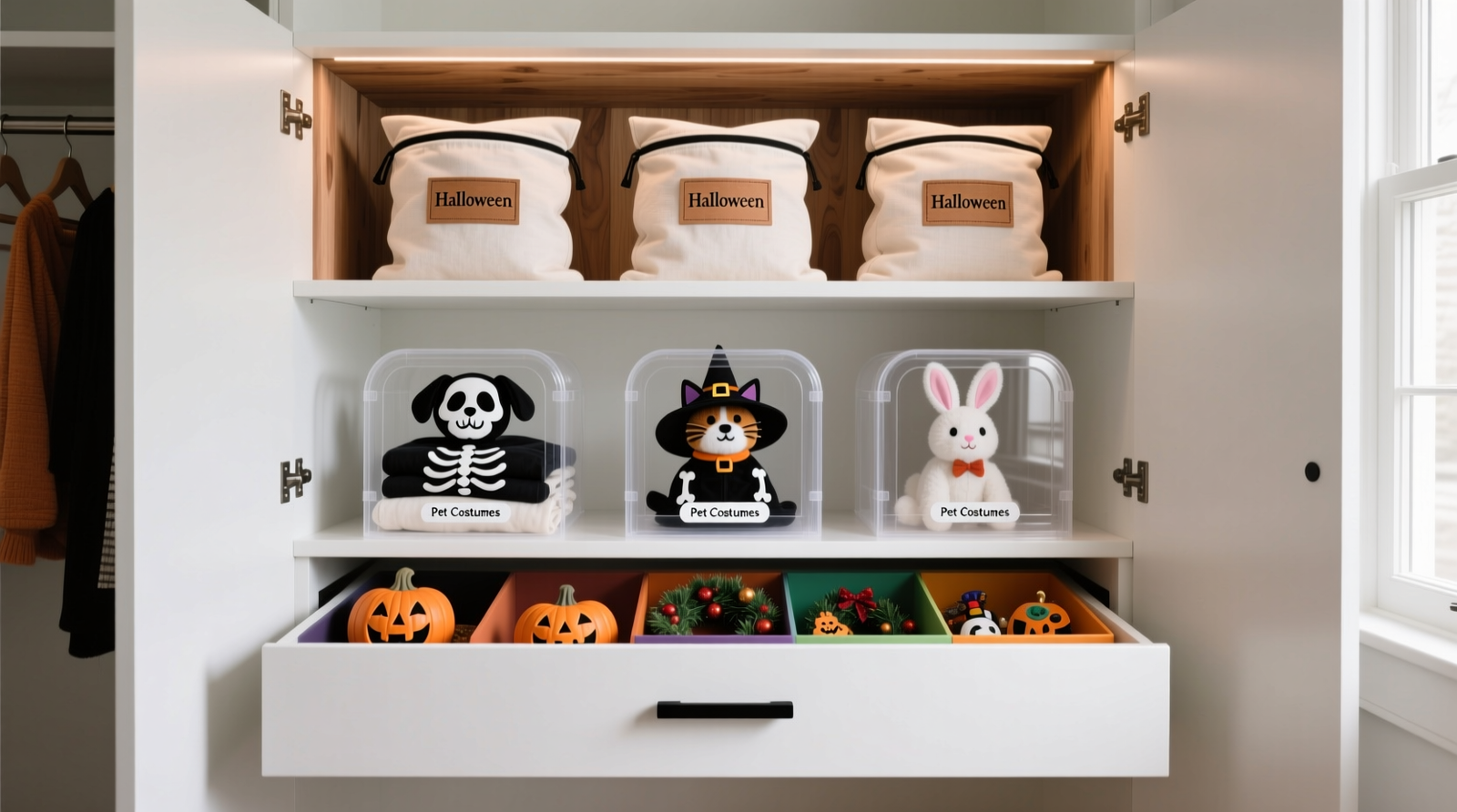 Three-tier closet system: top shelf with cedar-lined cotton bags labeled 'Halloween', middle with folded pet costumes in breathable boxes, bottom with vacuum-sealed seasonal accessories drawer