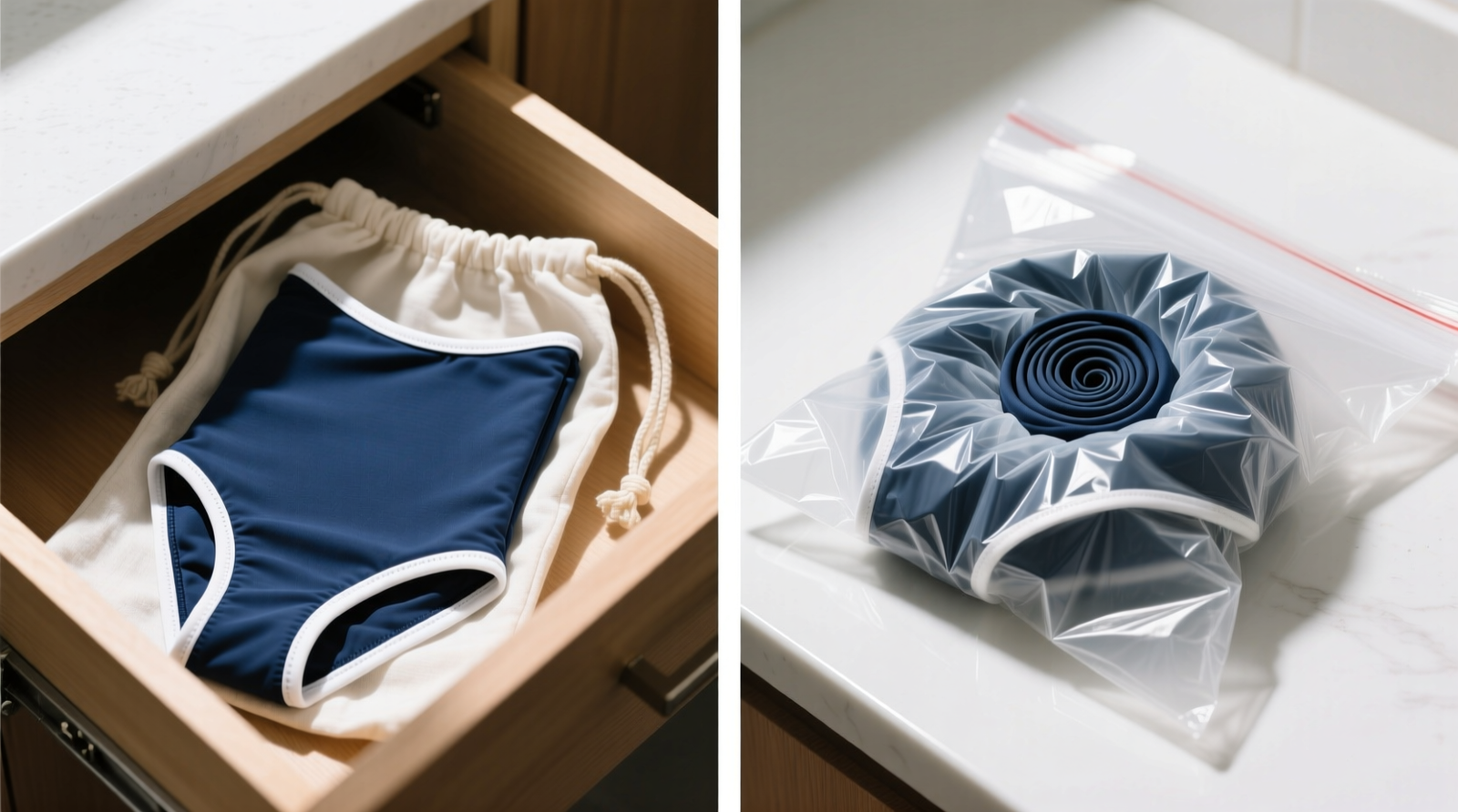 Side-by-side comparison: left shows a properly flat-folded swimsuit in a cotton drawstring pouch, aligned vertically in a shallow drawer; right shows a rolled suit compressed inside a clear plastic bag with visible crease lines along the fold