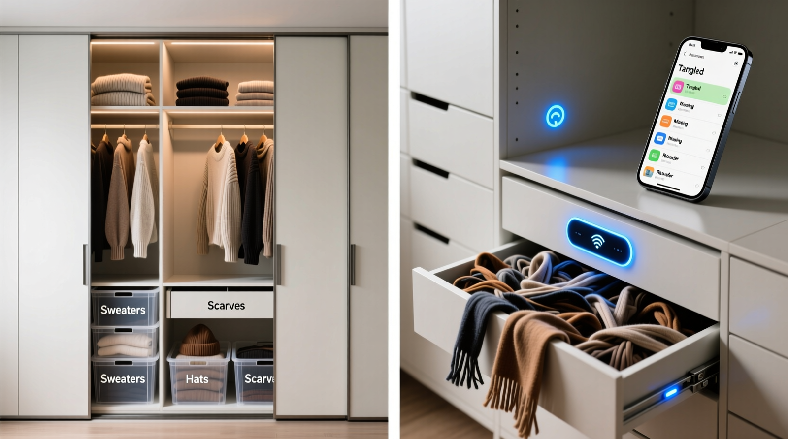 Side-by-side comparison: left shows a minimalist closet with labeled, full-extension manual sliders fully extended, revealing neatly folded knitwear in matching bins; right shows an app-controlled unit with blinking LED status lights, a phone displaying a cluttered garment list, and a half-open drawer with tangled scarves