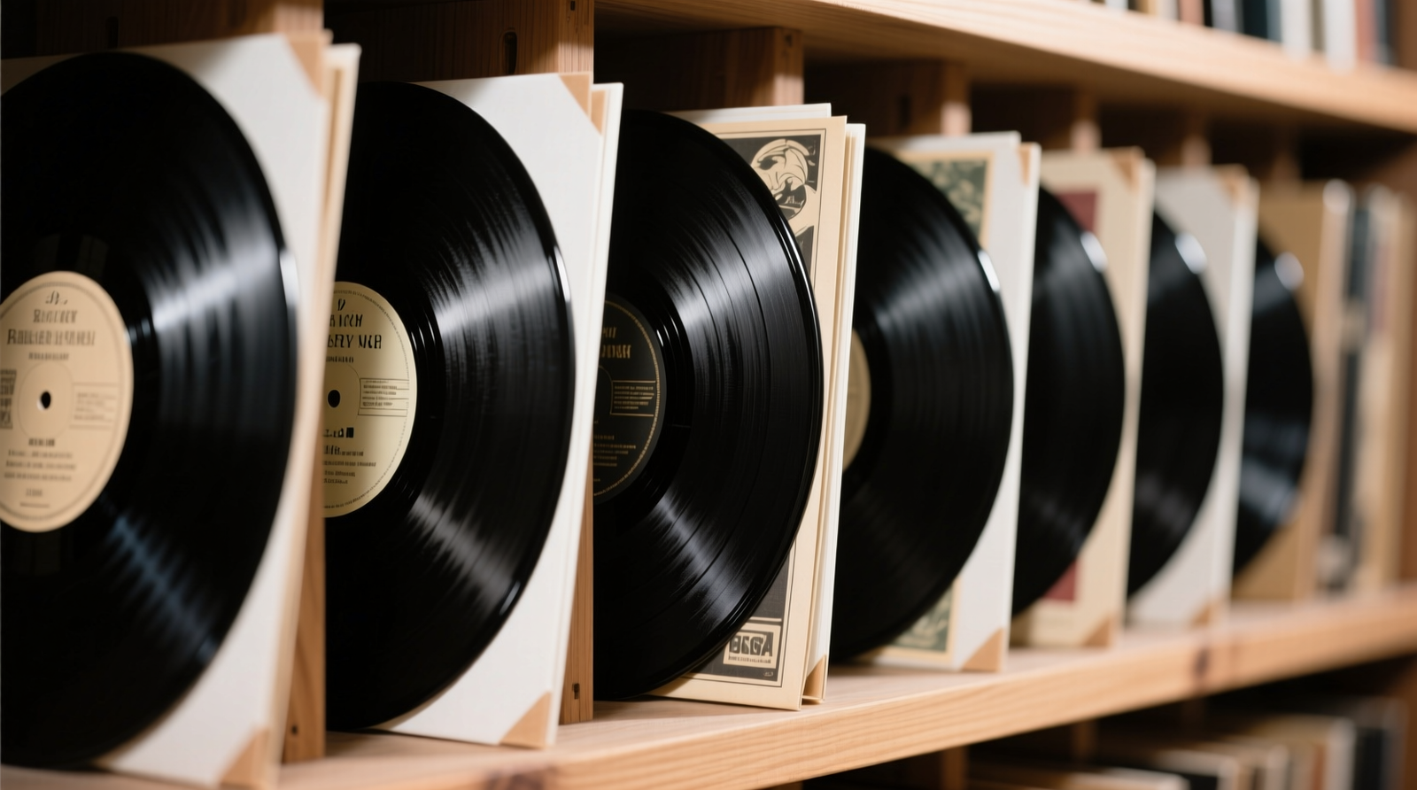 A well-organized closet section showing vinyl records stored vertically on adjustable wooden shelves, each with anti-static inner sleeves and clear polypropylene outer jackets; a small digital hygrometer is mounted on the shelf edge displaying 44% RH and 65°F