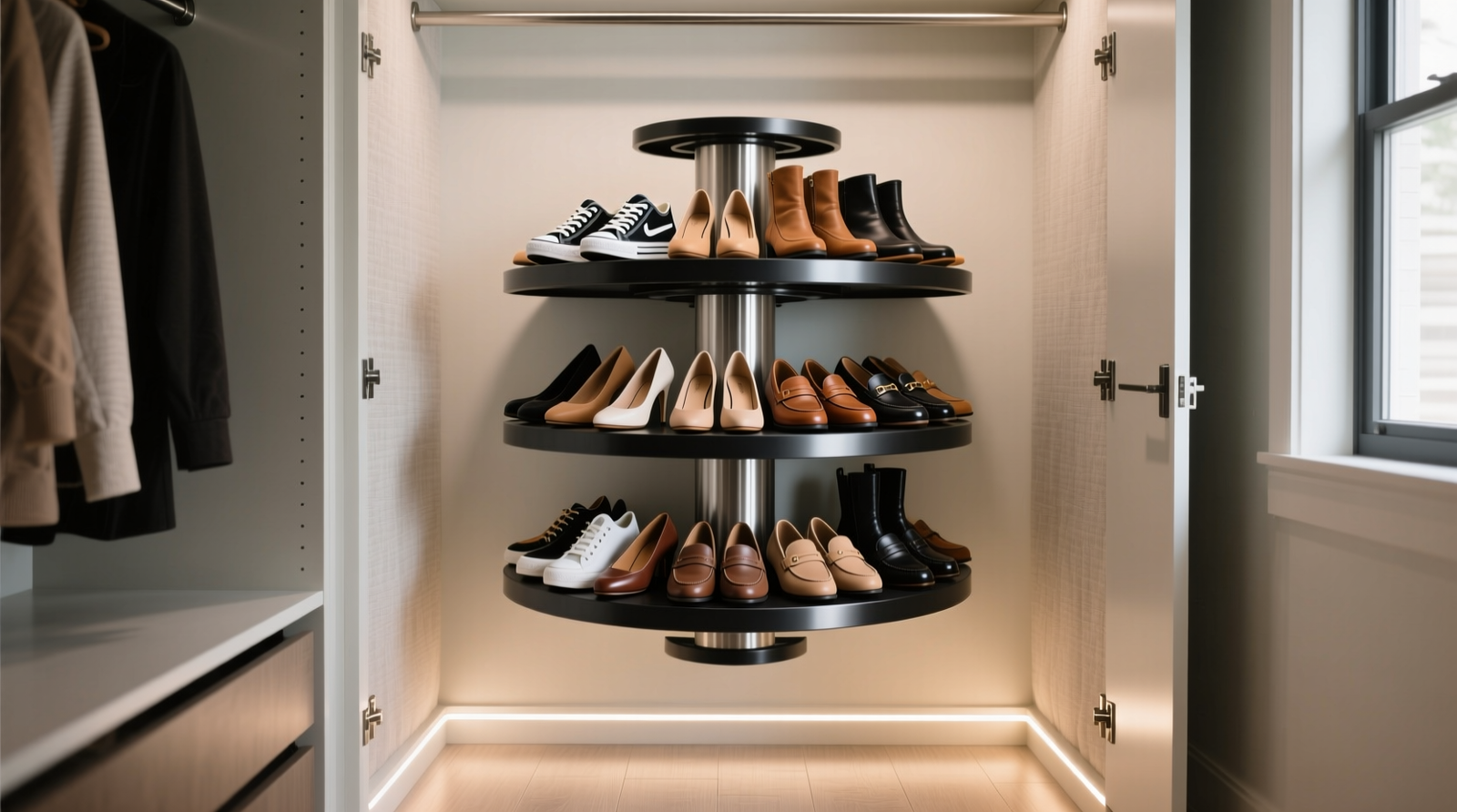 Wall-mounted shoe carousel installed in a 22-inch-deep closet, showing 28 pairs arranged evenly on rotating tiers, with clear floor space beneath and no obstruction to closet door swing