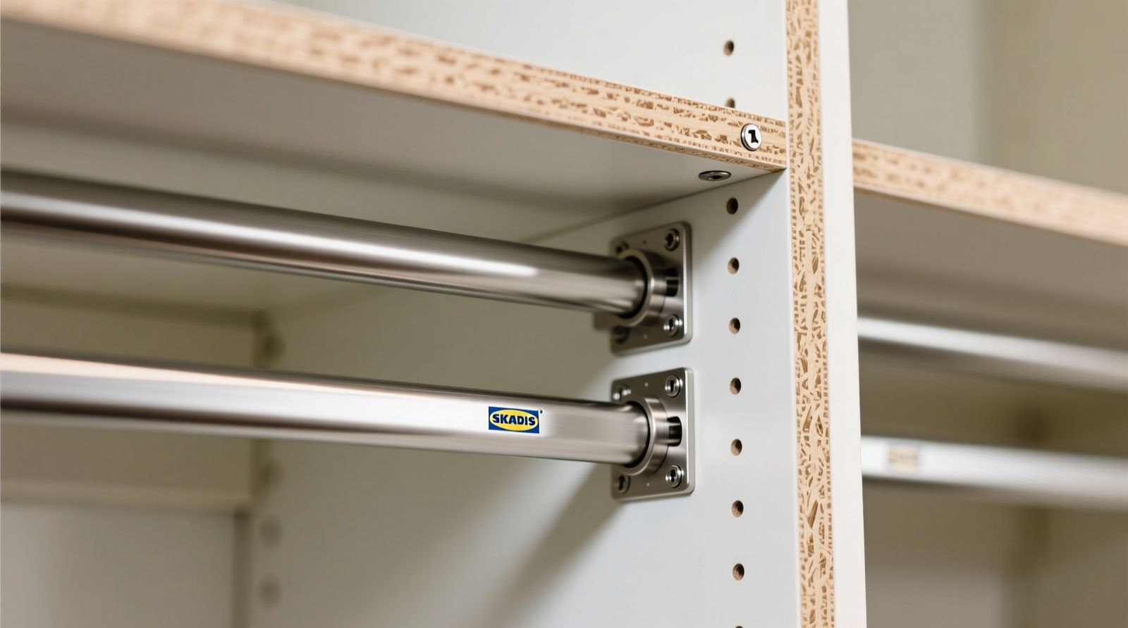 Close-up photo showing two horizontal SKADIS rails mounted flush to IKEA PAX side panels, with T-nuts visible inside the edge-banded particleboard, and a brushed steel closet rod secured in matching brackets