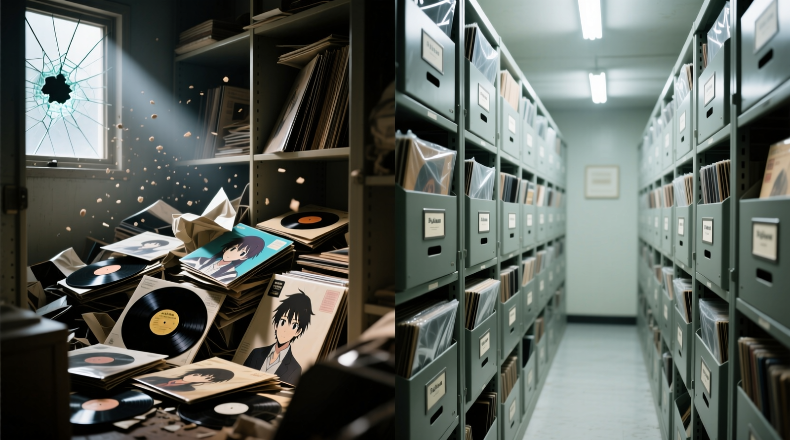 A narrow, interior closet section showing vertical vinyl storage in clear acrylic slots, separated from hanging linen-blend shirts by a 1-inch polypropylene barrier panel; a digital hygrometer reads 46% RH and 68°F