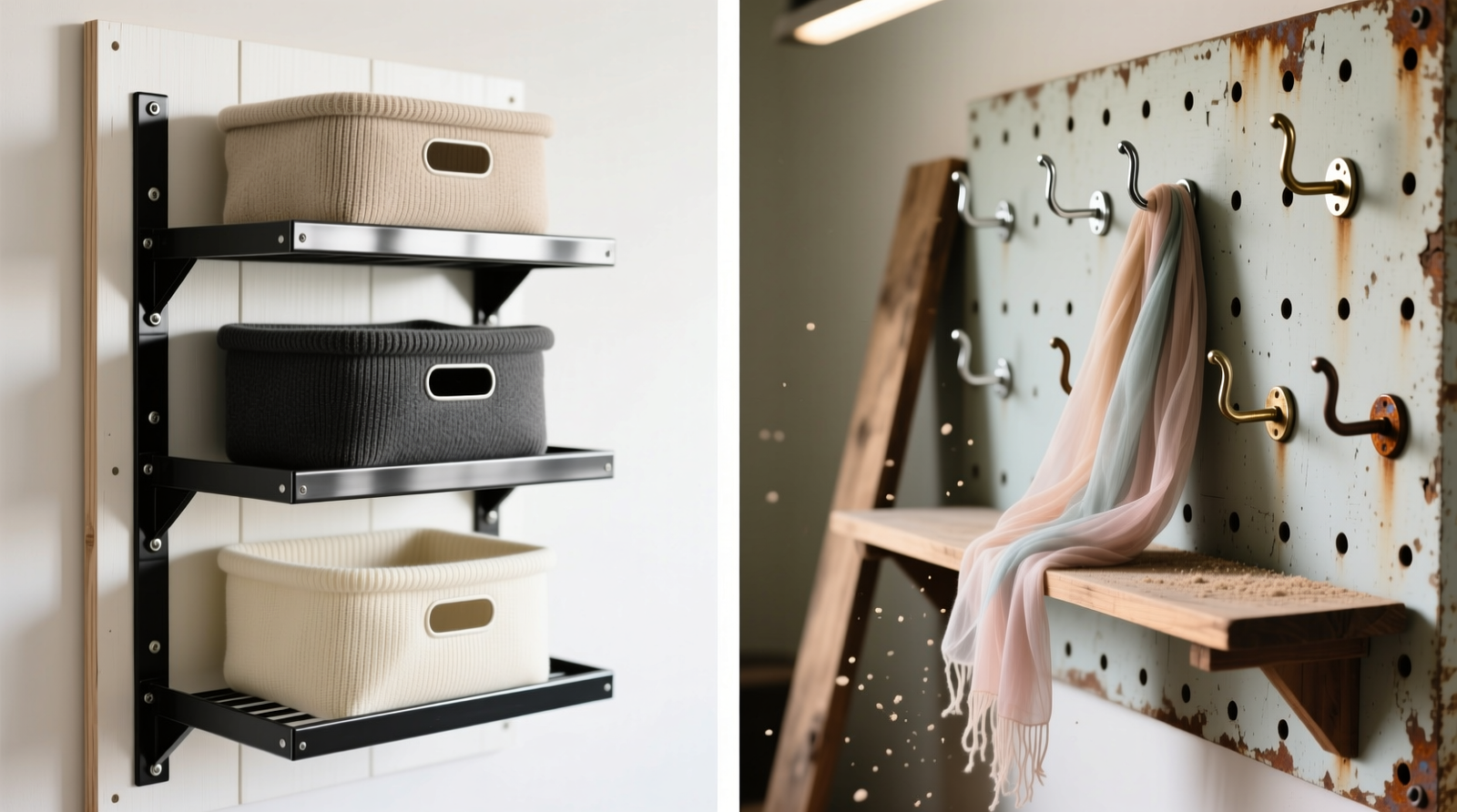 Side-by-side comparison: left shows adjustable metal shelf brackets mounted on a vertical rail with a wooden shelf slid into place at mid-height; right shows a traditional pegboard with plastic hooks holding scarves and a small basket dangling precariously from a bent peg
