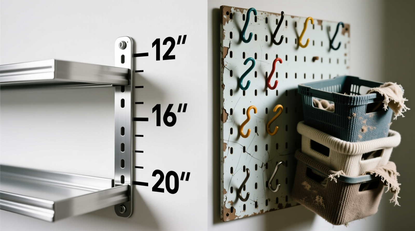 Side-by-side comparison: left shows adjustable metal shelf brackets with labeled height settings (12″, 16″, 20″) on a white wall; right shows a pegboard panel with mismatched hooks, visible wear marks, and a leaning stack of sweater bins
