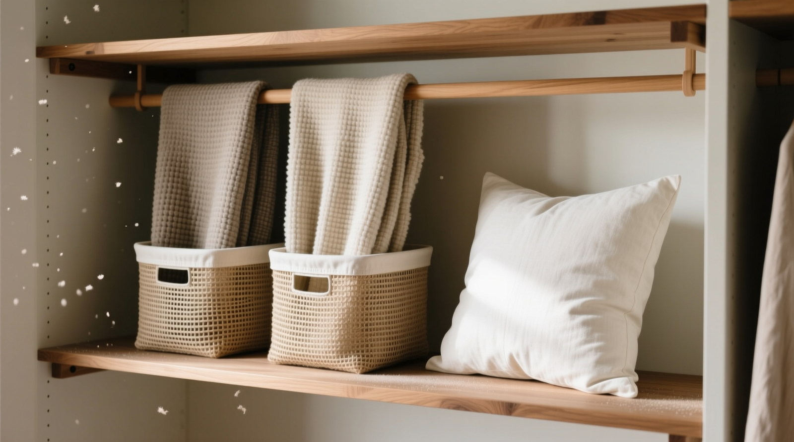 A well-organized closet section showing two weighted blankets standing vertically in open-weave cotton bins beside a nap pillow resting upright in a linen sleeve, all on an adjustable wooden shelf with visible air gaps above and between items