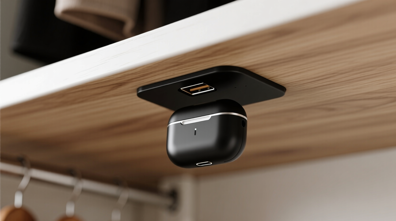 Close-up photo showing a matte-black recessed USB-C charging module mounted flush beneath a white oak closet shelf, with magnetic earbud case aligned precisely over the port—no wires visible, no gaps, no surface disruption.