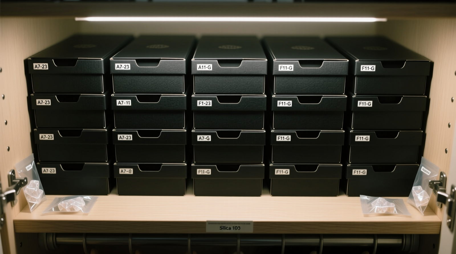 A well-organized closet shelf showing anime figure display boxes standing vertically with uniform white foam-core spacers between them, non-slip liner visible beneath, and no overlapping or leaning