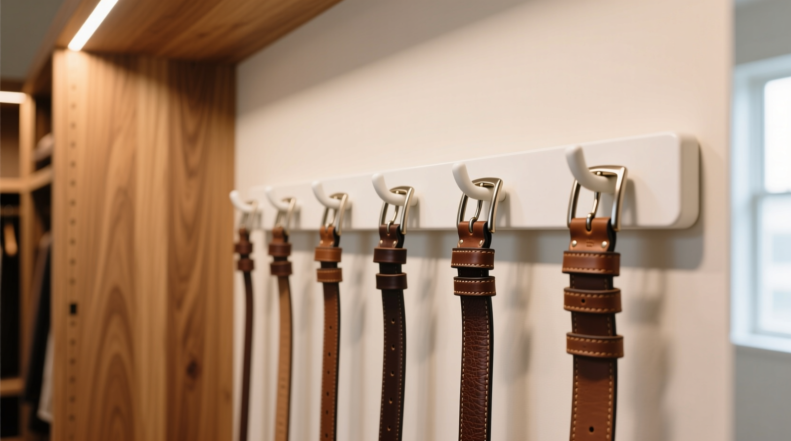 Close-up of a minimalist white wall-mounted hook strip holding six leather belts, each hung by the buckle, with consistent spacing and no overlapping. Background shows clean cedar-lined closet interior.