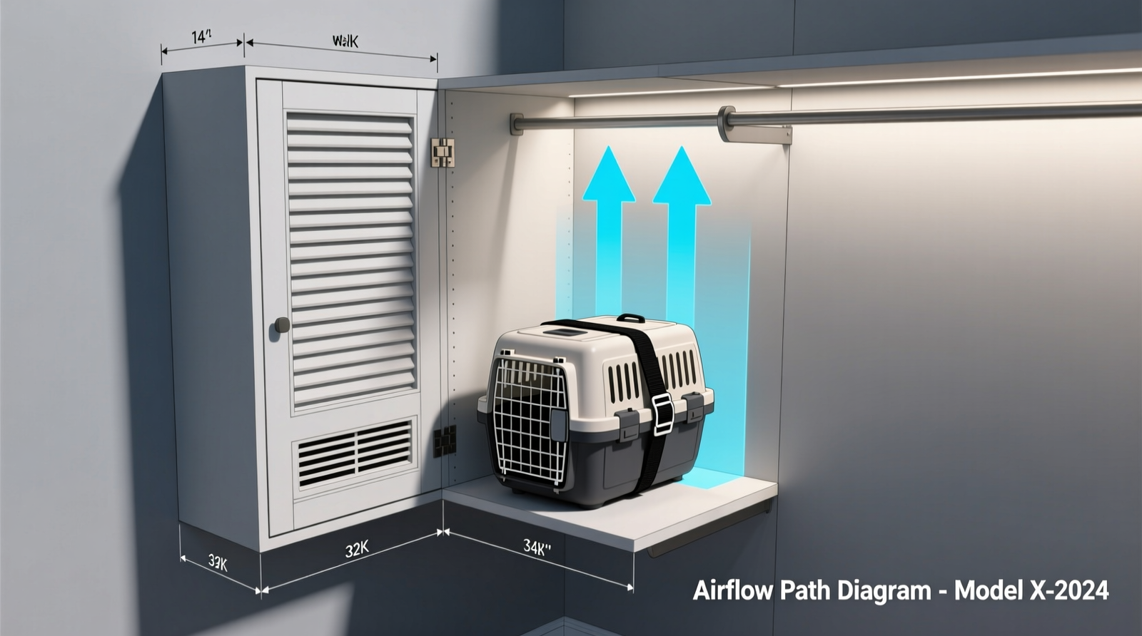 Side-view diagram of a walk-in closet showing a custom 14-inch-deep louvered cabinet mounted vertically on the left side wall, with a standard hard-shell pet carrier positioned upright inside, secured by black Velcro straps to internal rails; arrows indicate upward airflow path from bottom vents through top louvers