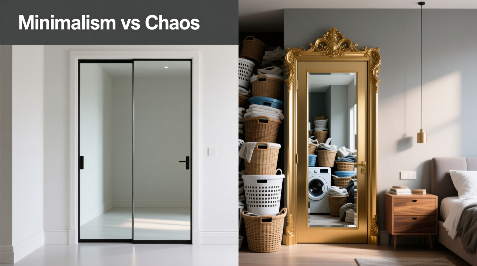 Side-by-side comparison of a narrow bedroom: left shows standard opaque sliding closet doors creating visual weight and boundary; right shows identical room with full-height frameless mirrored sliding doors reflecting ceiling, adjacent wall, and natural light—demonstrating seamless spatial flow and perceived width expansion