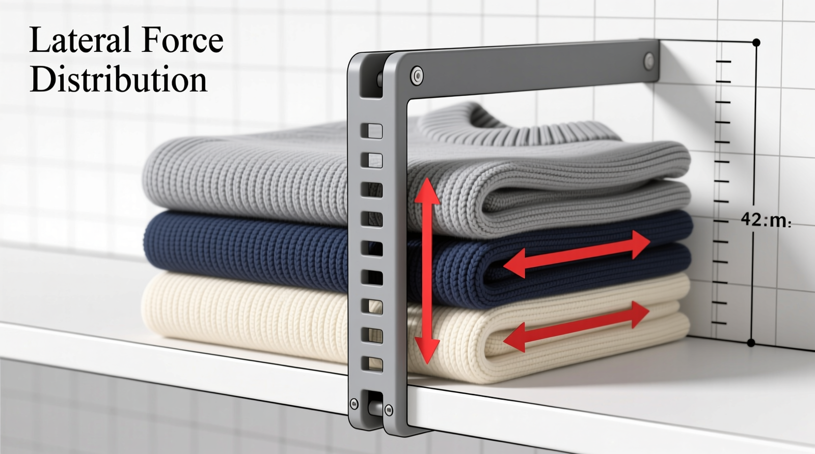 Side-view diagram showing a rigid adjustable shelf divider positioned vertically at the front edge of a neatly folded stack of sweaters, with arrows illustrating lateral force being absorbed by the divider rather than transferred to the stack