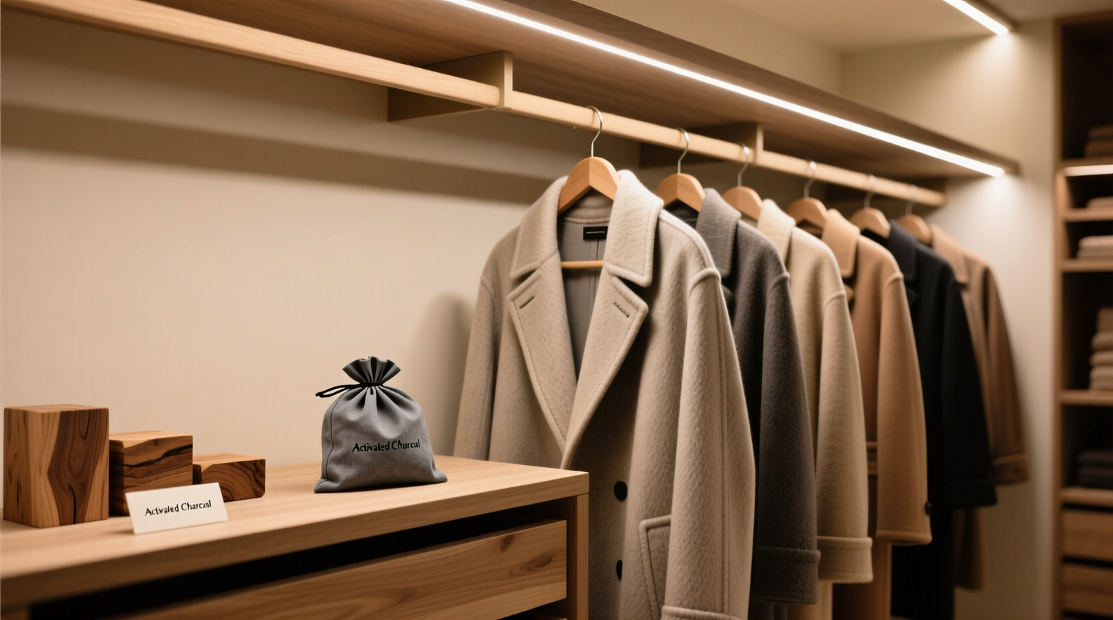 A well-organized closet showing wool coats on padded hangers inside cotton garment bags, with activated charcoal pouches and sanded cedar blocks placed on open shelves—not touching fabrics—under soft LED lighting