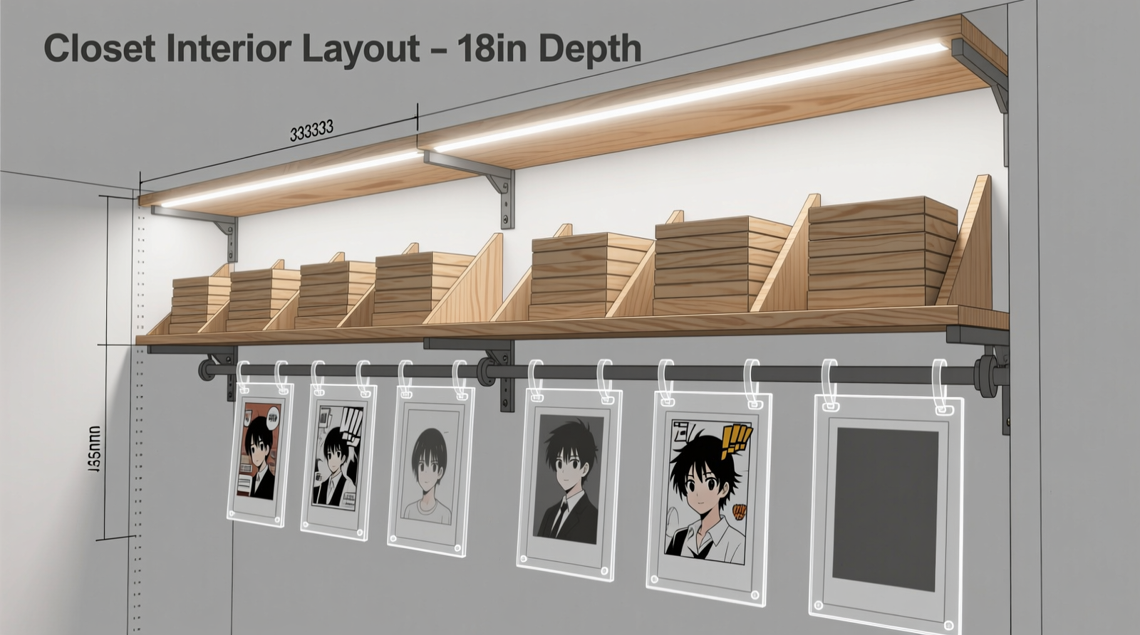 Side-view diagram of an 18-inch-deep closet showing dual-height wall-mounted tracks: lower track holding upright acrylic poster sleeves, upper track supporting forward-tilted birch shelves filled with uniformly sized manga boxes aligned spine-out, all illuminated by thin LED strip along top rail