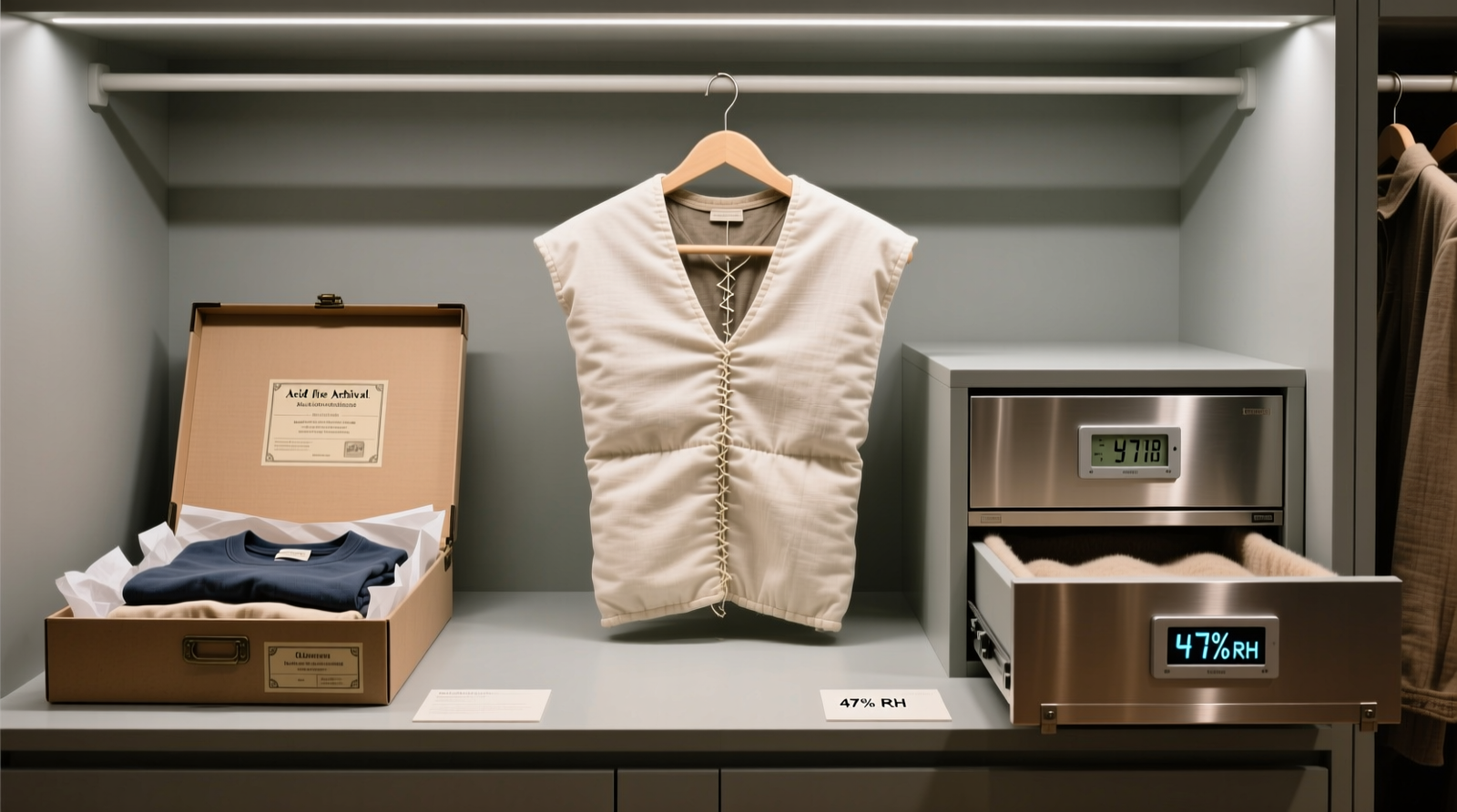 Three archival storage solutions side-by-side: acid-free box with labeled lid and tissue-layered tees; padded contoured hanger draped in unbleached cotton cover; and climate-controlled closet drawer with hygrometer reading 47% RH