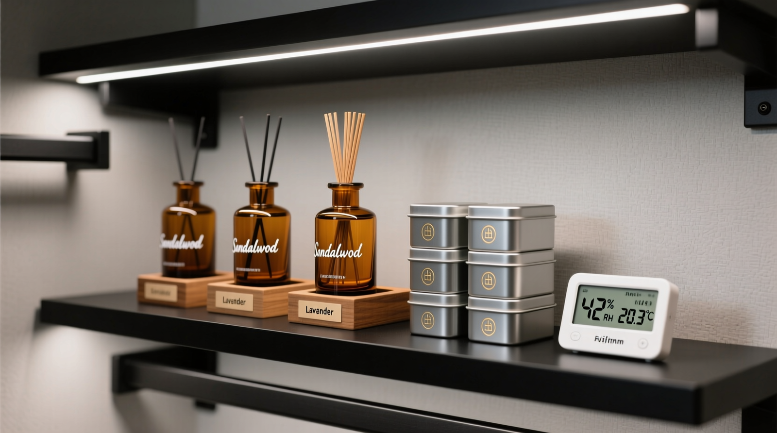 A minimalist interior closet with matte-black shelves, amber glass fragrance bottles arranged vertically in labeled wooden slots, aluminum tins of incense stacked neatly beside a hygrometer reading 42% RH and 20.3°C