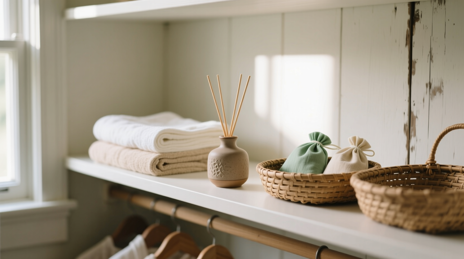 A minimalist closet shelf showing a small ceramic reed diffuser placed beside folded linen towels, with two breathable cotton sachets tucked into woven baskets—no visible sprays, plastics, or overpowering decorative elements. Natural light filters softly through a nearby window.