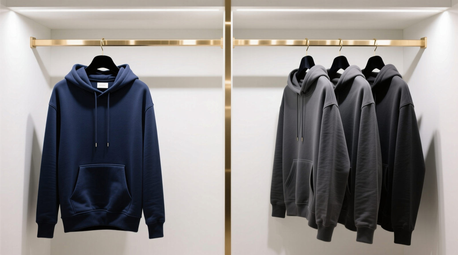 Side-by-side closet interior showing two clearly defined vertical zones: left side with black slim hangers holding 12 folded tees and 8 button-downs; right side with gray hangers holding 10 trousers and 6 skirts; labeled shelf bins above each zone contain folded sweaters and scarves