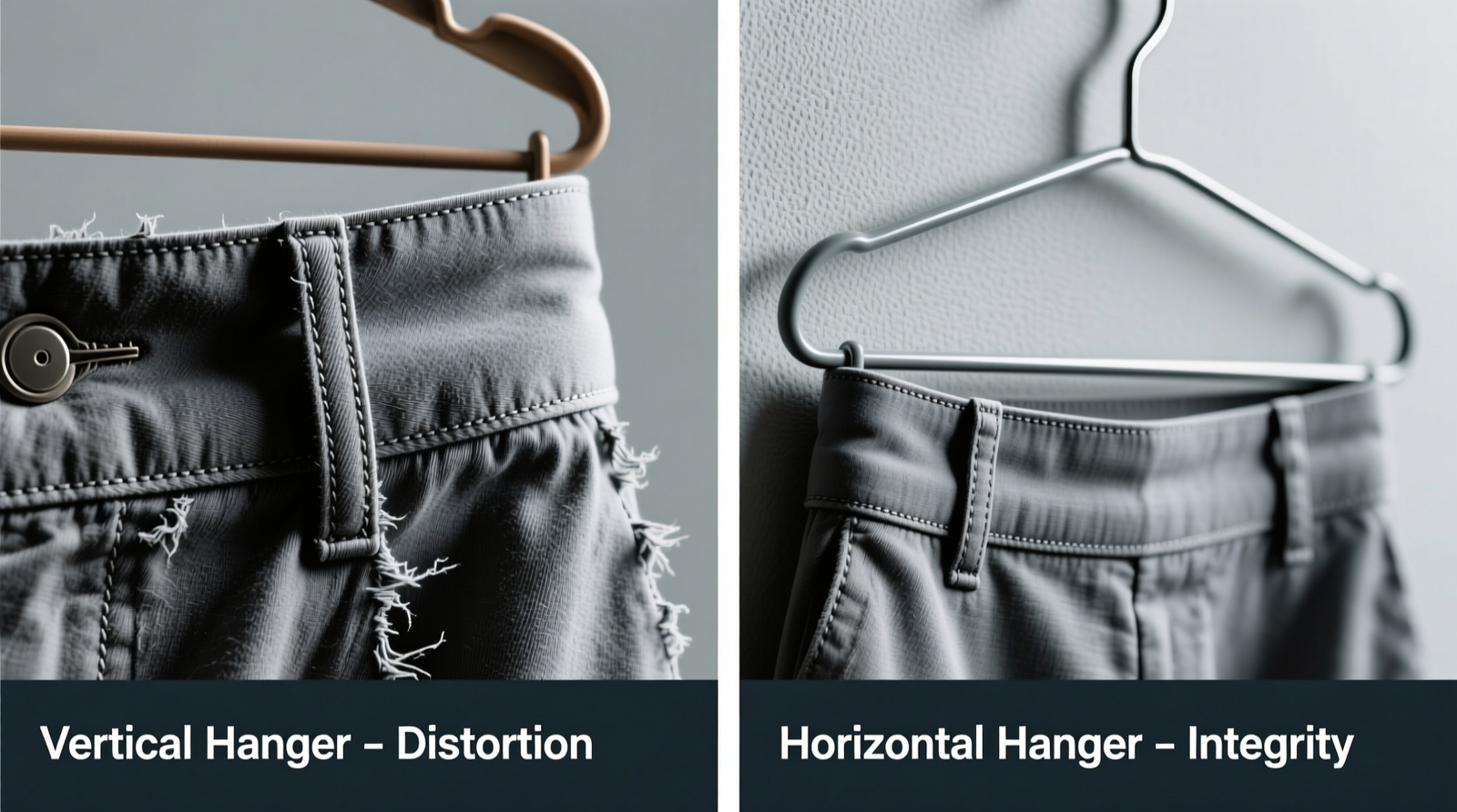 Side-by-side macro photography: left shows waistband distortion from vertical belt-loop hanger after 4 months; right shows intact seam alignment and flat waistband profile using horizontal hanging-loop hanger under identical conditions